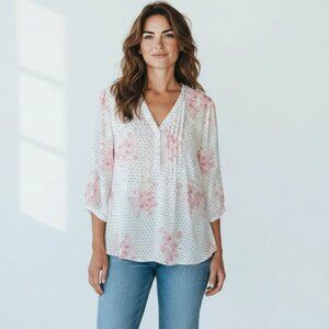 Rose + Olive Cottage Boho Chiffon Floral Tunic Top 2X Pink V Neck 3/4 Sleeves